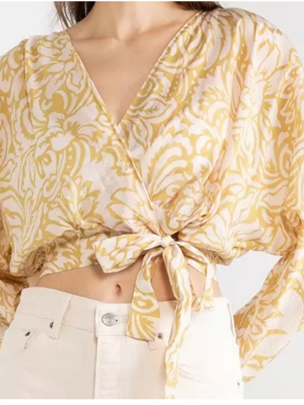 Zara Mustard Yellow Floral Wrap Tie Blouse Size Medium